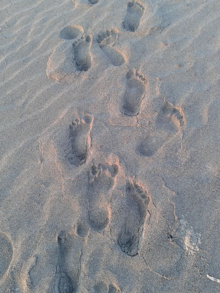 Close-up of footprints in the sand showing patterns on a beach shore.