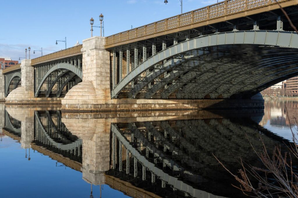 Stunning reflection of Longfellow Bridge over the Charles River in Boston, Massachusetts.